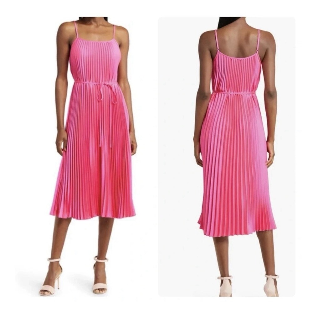 Sam Edelman Hammered Satin Plisse Dress Hot Pink Tie Waist Pleated Medium